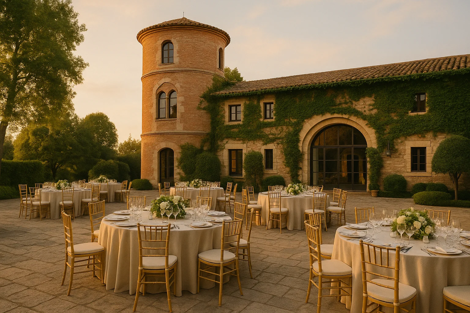 Elegant outdoor event with beautifully decorated tables, soft lighting, and a historic building backdrop
